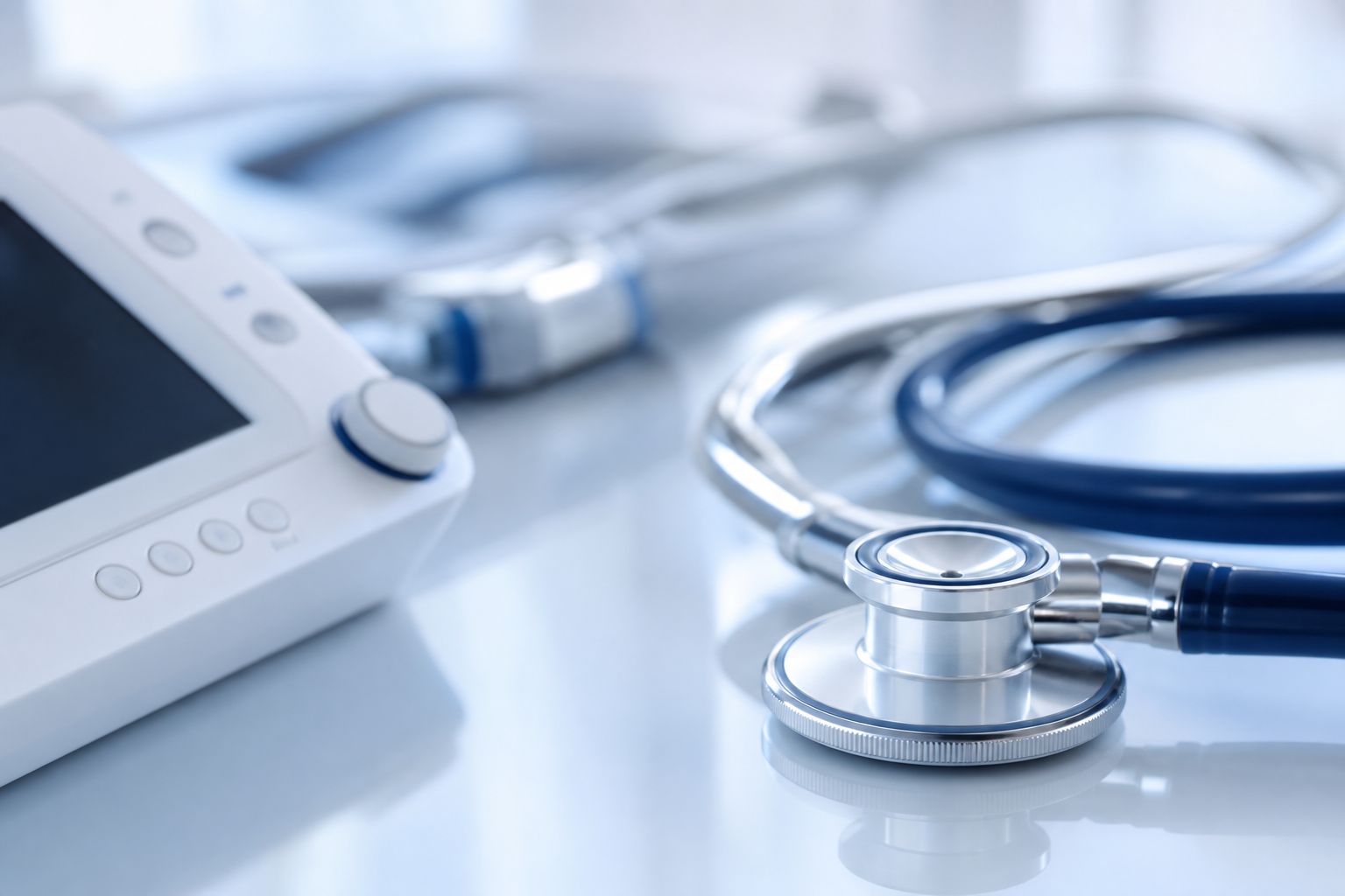 Diagnostic device and stethoscope on a clinical surface