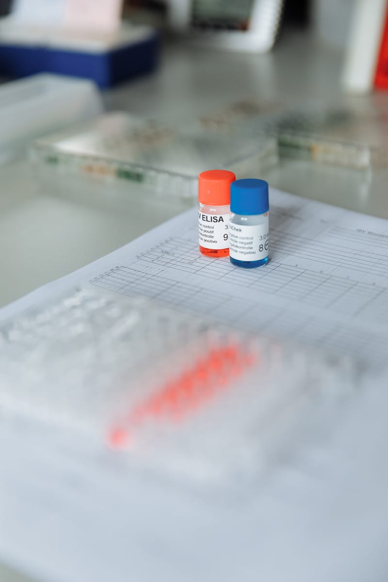 Protein reagent vials on a laboratory bench
